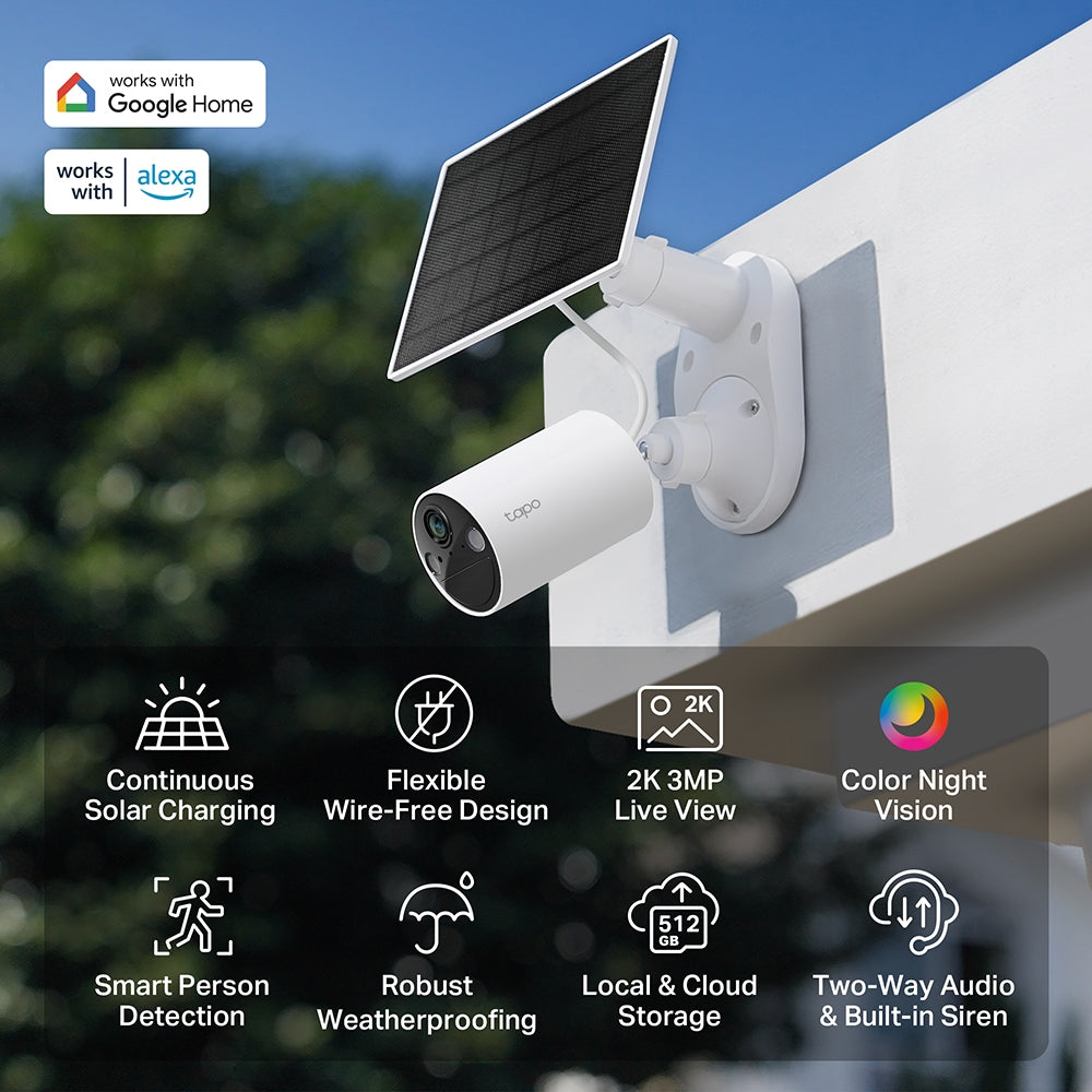 TP-Link Tapo SolarCam Kit kamerë sigurie WiFi me panel diellor, rezolucion 2K 3MP, Color Night Vision deri në 9 metra, Smart Person Detection, njoftime inteligjente në telefon, ruajtje në microSD deri në 512GB, zona monitorimi të personalizuara dhe mbrojtje IP65. Kamerë ideale për shtëpi, vila dhe biznese në Shqipëri. 
