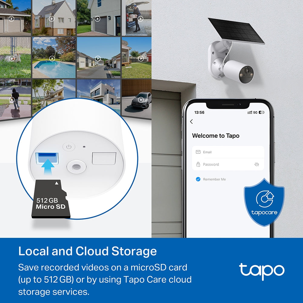 TP-Link Tapo SolarCam Kit kamerë sigurie WiFi me panel diellor, rezolucion 2K 3MP, Color Night Vision deri në 9 metra, Smart Person Detection, njoftime inteligjente në telefon, ruajtje në microSD deri në 512GB, zona monitorimi të personalizuara dhe mbrojtje IP65. Kamerë ideale për shtëpi, vila dhe biznese në Shqipëri. 