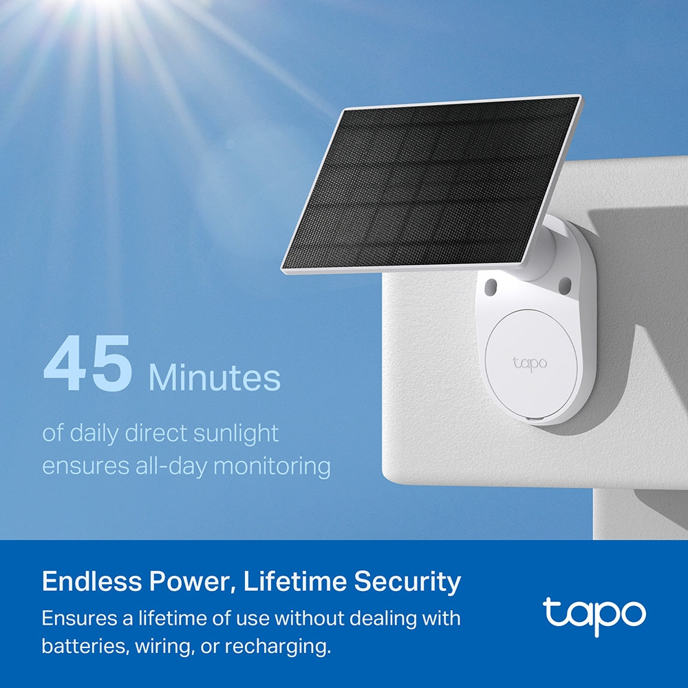 TP-Link Tapo SolarCam Kit kamerë sigurie WiFi me panel diellor, rezolucion 2K 3MP, Color Night Vision deri në 9 metra, Smart Person Detection, njoftime inteligjente në telefon, ruajtje në microSD deri në 512GB, zona monitorimi të personalizuara dhe mbrojtje IP65. Kamerë ideale për shtëpi, vila dhe biznese në Shqipëri. 