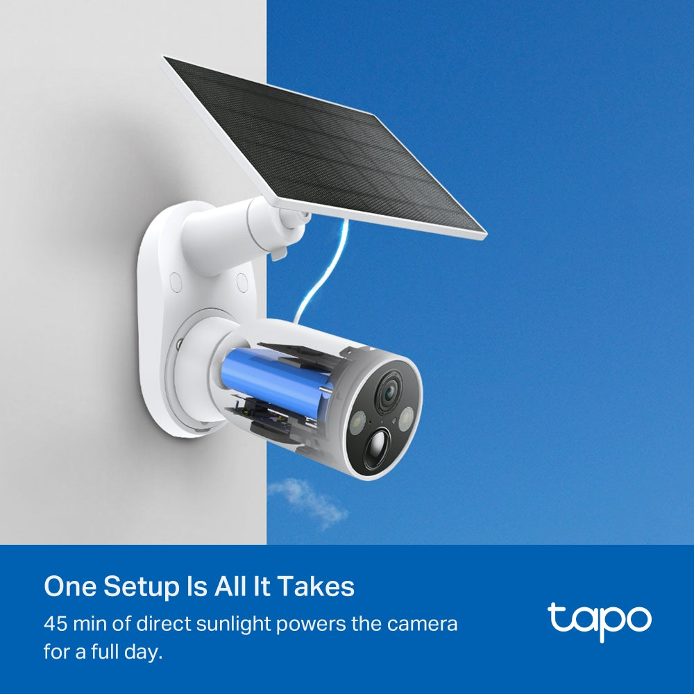 TP-Link Tapo SolarCam Kit kamerë sigurie WiFi me panel diellor, rezolucion 2K, bateri me autonomi deri në 300 ditë, AI për zbulimin e personave dhe automjeteve, Color Night Vision me Spotlight, ruajtje lokale të mbrojtur me fjalëkalim dhe instalim pa kabllo. Kamerë ideale për shtëpi, vila dhe biznese në Shqipëri.