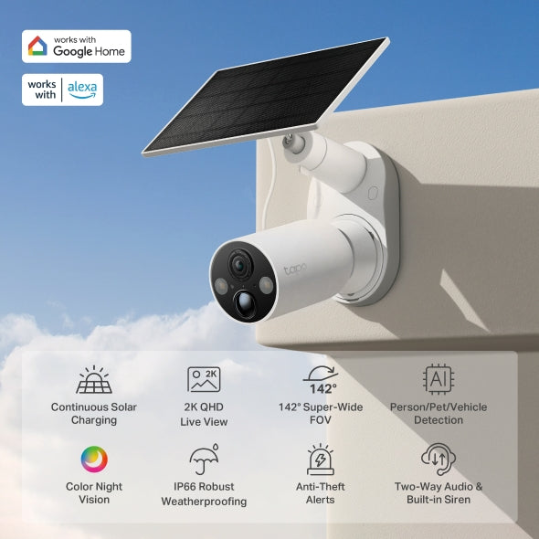 TP-Link Tapo SolarCam Kit kamerë sigurie WiFi me panel diellor, rezolucion 2K, bateri me autonomi deri në 300 ditë, AI për zbulimin e personave dhe automjeteve, Color Night Vision me Spotlight, ruajtje lokale të mbrojtur me fjalëkalim dhe instalim pa kabllo. Kamerë ideale për shtëpi, vila dhe biznese në Shqipëri.