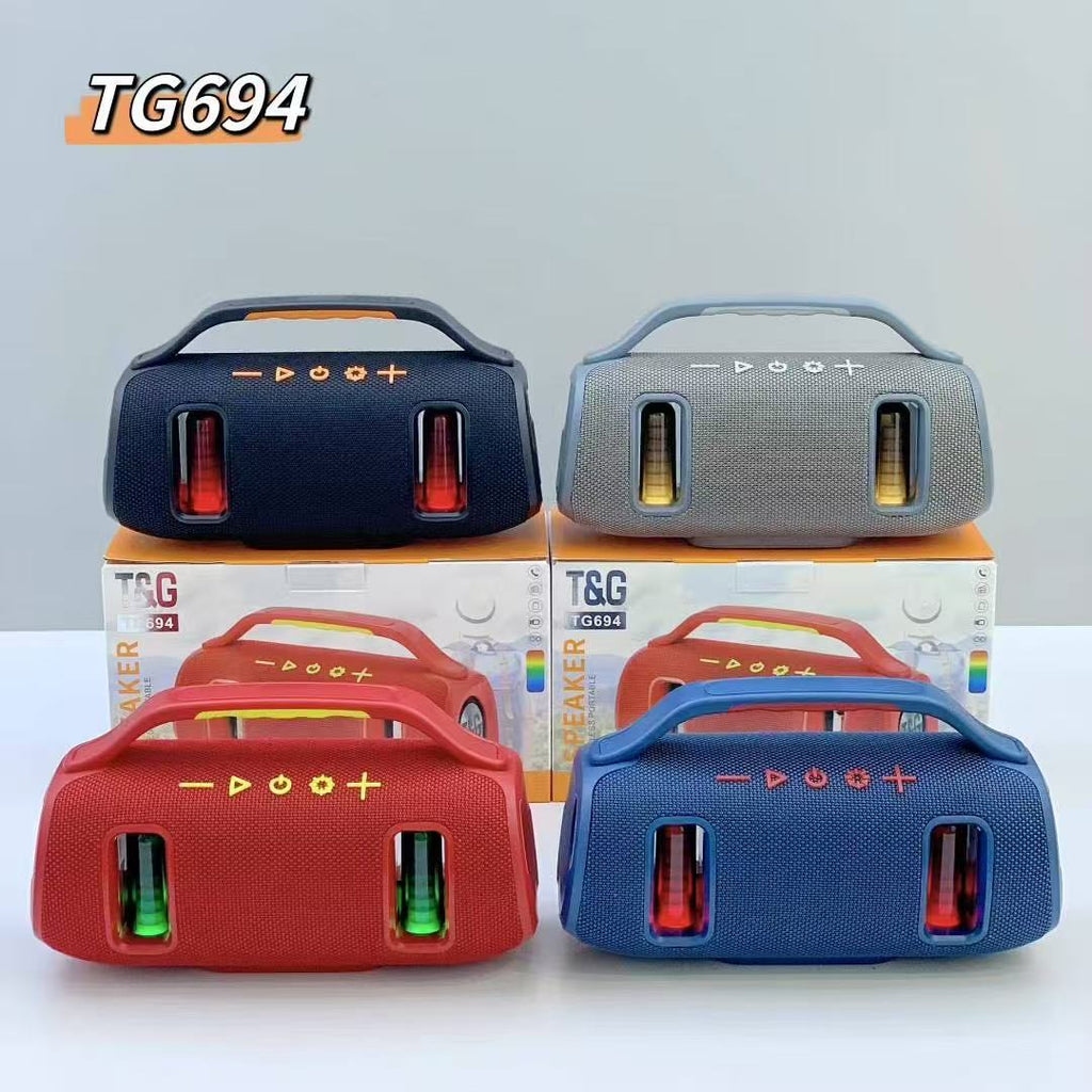 T&G TG-694 altoparlant Bluetooth 15W me Bluetooth 5.3, bateri 2400mAh, mbështetje për USB, TF, Radio FM dhe TWS, ndriçim LED dhe tingull stereo. Altoparlant portativ ideal për shtëpi, udhëtime, plazh, kamping dhe festa në Shqipëri.
