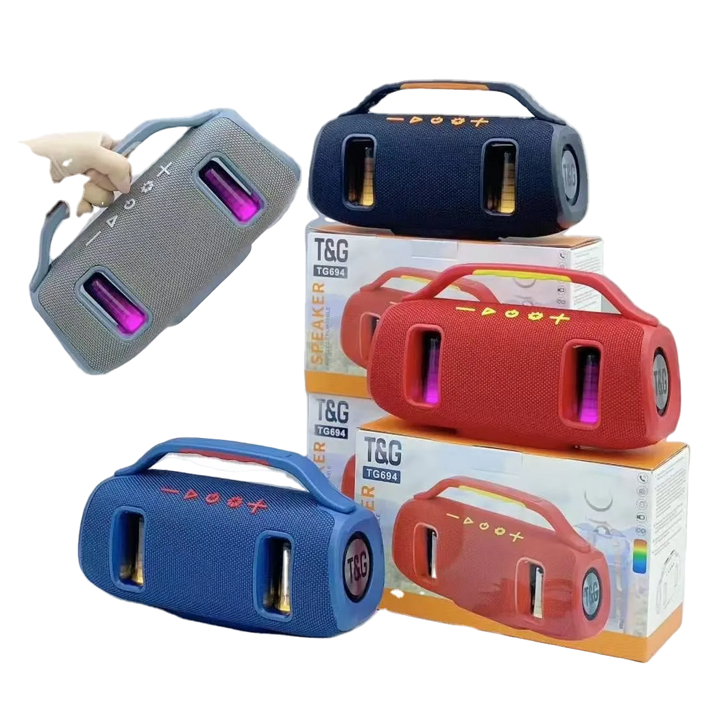 T&G TG-694 altoparlant Bluetooth 15W me Bluetooth 5.3, bateri 2400mAh, mbështetje për USB, TF, Radio FM dhe TWS, ndriçim LED dhe tingull stereo. Altoparlant portativ ideal për shtëpi, udhëtime, plazh, kamping dhe festa në Shqipëri.