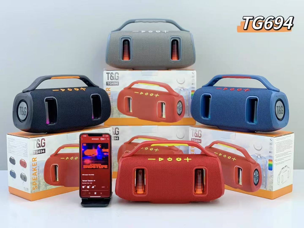 T&G TG-694 altoparlant Bluetooth 15W me Bluetooth 5.3, bateri 2400mAh, mbështetje për USB, TF, Radio FM dhe TWS, ndriçim LED dhe tingull stereo. Altoparlant portativ ideal për shtëpi, udhëtime, plazh, kamping dhe festa në Shqipëri.