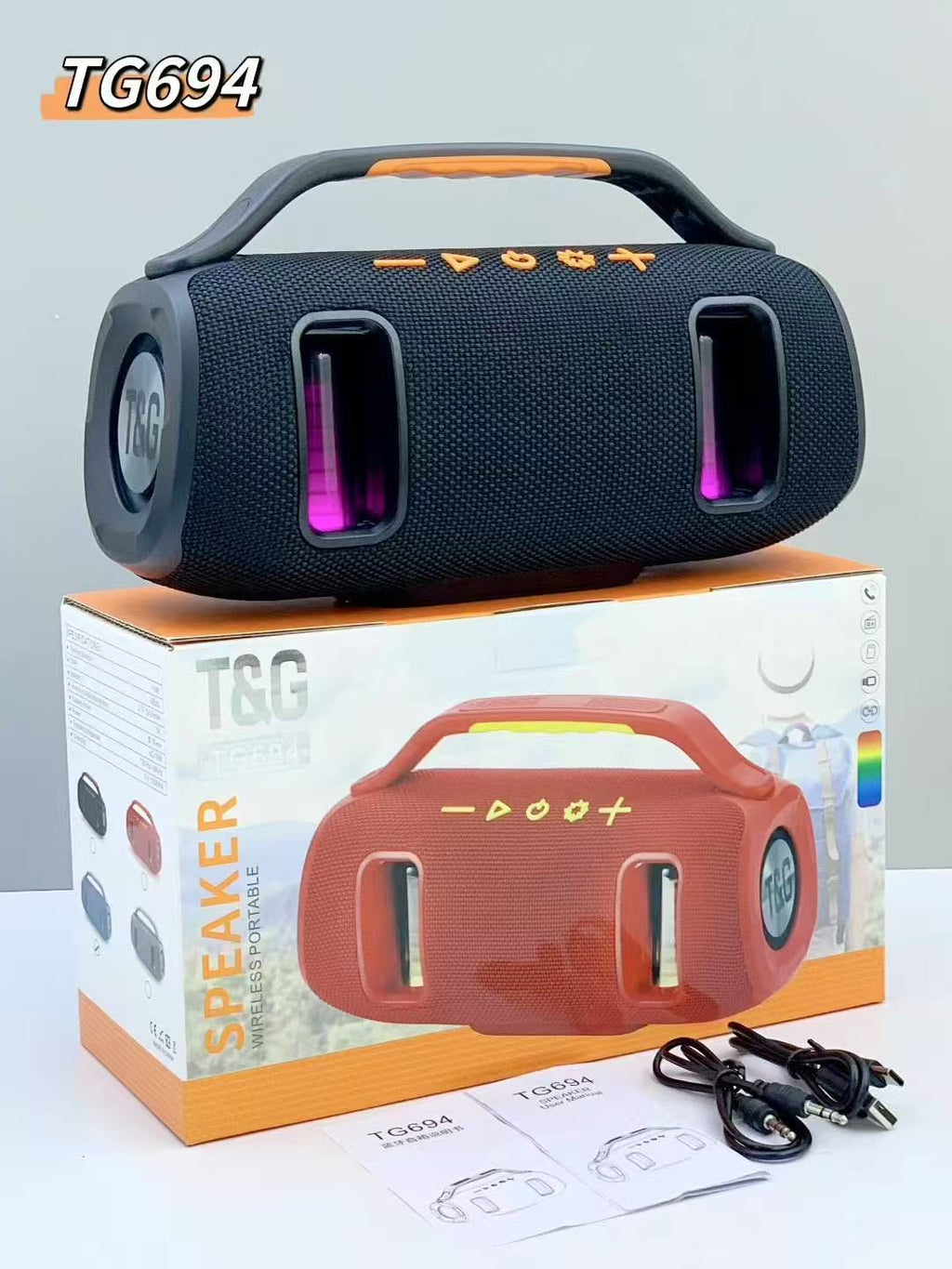 T&G TG-694 altoparlant Bluetooth 15W me Bluetooth 5.3, bateri 2400mAh, mbështetje për USB, TF, Radio FM dhe TWS, ndriçim LED dhe tingull stereo. Altoparlant portativ ideal për shtëpi, udhëtime, plazh, kamping dhe festa në Shqipëri.