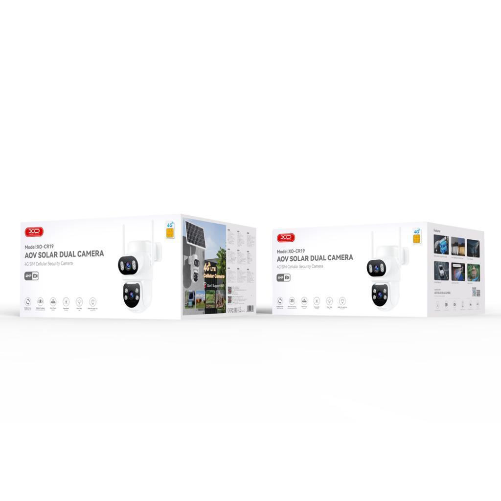 XO CR19 kamerë sigurie 4G me dy lente 4MP, panel diellor 7.5–8W, bateri 6880mAh, Always On Video (AOV), Vision natën me ngjyra, audio dypalëshe, lidhje 4G LTE dhe ruajtje në MicroSD deri në 128GB. Ideale për shtëpi, ferma, magazina, kantiere dhe zona pa Wi-Fi.