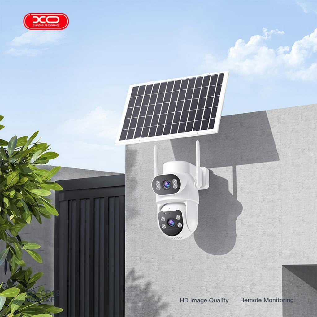 XO CR19 kamerë sigurie 4G me dy lente 4MP, panel diellor 7.5–8W, bateri 6880mAh, Always On Video (AOV), Vision natën me ngjyra, audio dypalëshe, lidhje 4G LTE dhe ruajtje në MicroSD deri në 128GB. Ideale për shtëpi, ferma, magazina, kantiere dhe zona pa Wi-Fi.