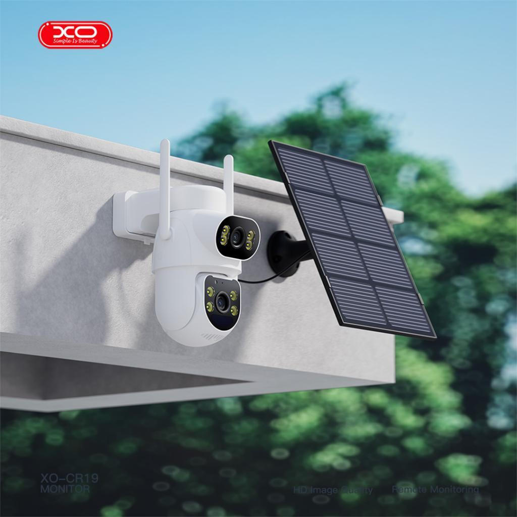 XO CR19 kamerë sigurie 4G me dy lente 4MP, panel diellor 7.5–8W, bateri 6880mAh, Always On Video (AOV), Vision natën me ngjyra, audio dypalëshe, lidhje 4G LTE dhe ruajtje në MicroSD deri në 128GB. Ideale për shtëpi, ferma, magazina, kantiere dhe zona pa Wi-Fi.