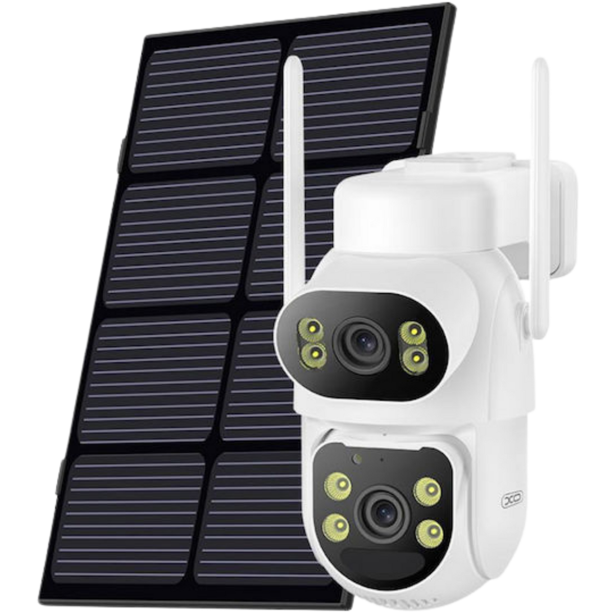 XO CR19 kamerë sigurie 4G me dy lente 4MP, panel diellor 7.5–8W, bateri 6880mAh, Always On Video (AOV), Vision natën me ngjyra, audio dypalëshe, lidhje 4G LTE dhe ruajtje në MicroSD deri në 128GB. Ideale për shtëpi, ferma, magazina, kantiere dhe zona pa Wi-Fi.