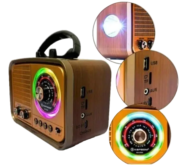 YS-225BT radio portative me 3 banda FM (87–108 MHz), AM (522–1620 KHz) dhe SW (5.9–18.0 MHz), mbështetje për USB, kartë TF (MicroSD), AUX, antenë teleskopike dhe altoparlant të integruar. Radio ideale për shtëpi, udhëtime, kamping dhe zona me sinjal të dobët.