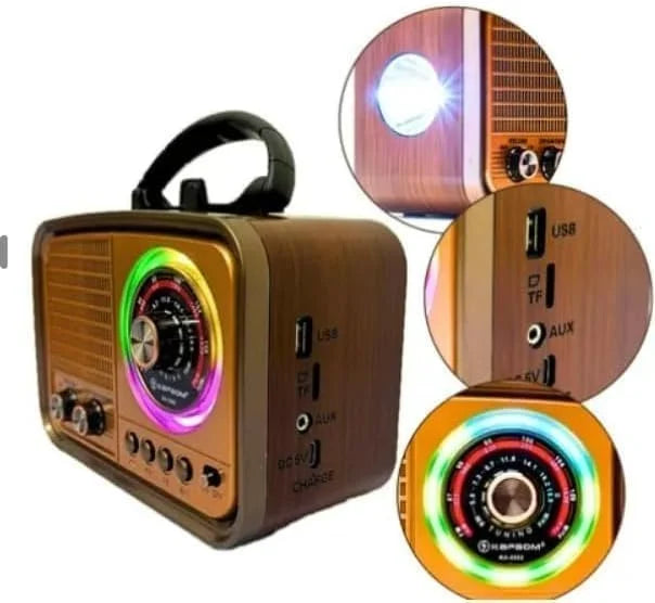 YS-225BT radio portative me 3 banda FM (87–108 MHz), AM (522–1620 KHz) dhe SW (5.9–18.0 MHz), mbështetje për USB, kartë TF (MicroSD), AUX, antenë teleskopike dhe altoparlant të integruar. Radio ideale për shtëpi, udhëtime, kamping dhe zona me sinjal të dobët.