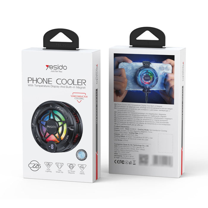 Yesido C226 Magnetic Phone Cooler me teknologji Semiconductor Refrigeration 15W, ekran LED dhe ndriçim RGB. Ftohës magnetik për telefon me magnet N52, ideal për gaming, livestream, karikim dhe përdorim intensiv. Kompatibël me iPhone dhe smartphone Android. 