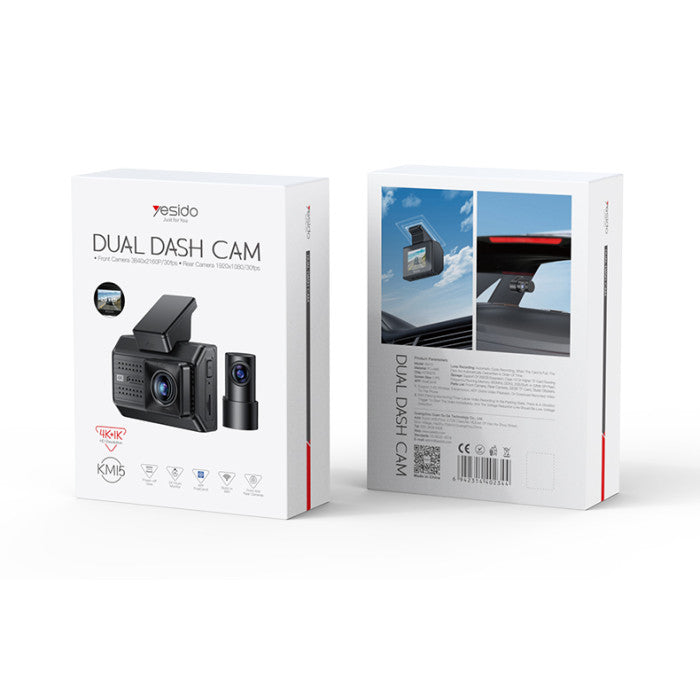 Yesido KM15 kamerë për makinë 4K me regjistrim të dyfishtë përpara 4K dhe prapa 1080P, WiFi 2.4GHz, ekran IPS 2 inç, G-Sensor, regjistrim Loop, monitorim parkimi 24 orë dhe mbështetje për kartë microSD deri në 256GB. Dash Cam ideale për siguri gjatë vozitjes në Shqipëri.