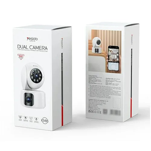 Yesido KM16 kamerë sigurie WiFi me dy lente Full HD 1080P, rrotullim 350°, anim 180°, AI Motion Tracking, vision nate me infra të kuqe, audio dypalëshe, ruajtje në kartë microSD 32–128GB dhe Cloud. Kamerë ideale për monitorimin e shtëpisë, zyrës dhe biznesit në Shqipëri. 