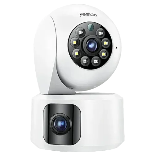 Yesido KM16 kamerë sigurie WiFi me dy lente Full HD 1080P, rrotullim 350°, anim 180°, AI Motion Tracking, vision nate me infra të kuqe, audio dypalëshe, ruajtje në kartë microSD 32–128GB dhe Cloud. Kamerë ideale për monitorimin e shtëpisë, zyrës dhe biznesit në Shqipëri. 
