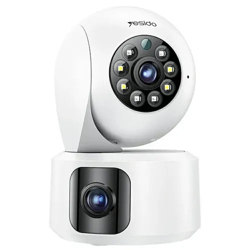 Yesido KM16 kamerë sigurie WiFi me dy lente Full HD 1080P, rrotullim 350°, anim 180°, AI Motion Tracking, vision nate me infra të kuqe, audio dypalëshe, ruajtje në kartë microSD 32–128GB dhe Cloud. Kamerë ideale për monitorimin e shtëpisë, zyrës dhe biznesit në Shqipëri. 