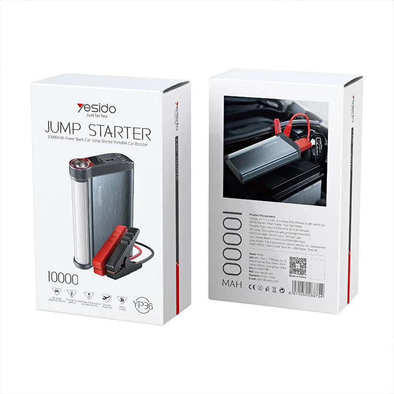 Yesido YP36 Jump Starter 10000mAh Power Bank për makinë me ndezje 12V, LED SOS, karikim USB dhe Type-C. Ideal për makina me benzinë deri në 5.0L dhe naftë deri në 3.0L. Booster profesional për emergjenca në automjet, i disponueshëm në SmartXStore Albania.