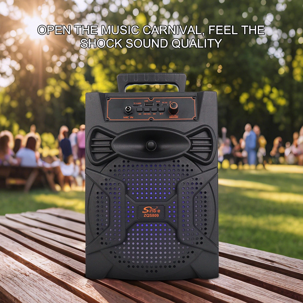 ZQS809 Professional altoparlant Bluetooth me woofer 8 inç, fuqi 9W, bateri 1800mAh, Bluetooth, USB, kartë TF, AUX, Radio FM, TWS dhe hyrje për mikrofon. Altoparlant portativ ideal për karaoke, festa, udhëtime, kamping dhe përdorim në ambiente të brendshme dhe të jashtme.