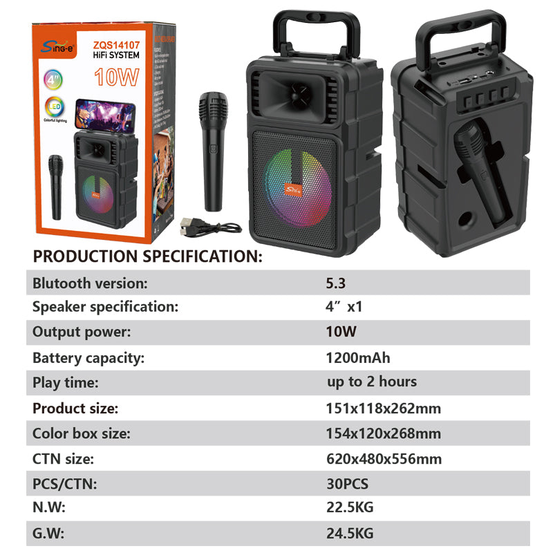 ZQS 14107 mini altoparlant Bluetooth Karaoke me Bluetooth 5.3, mikrofon pa tela, woofer 4 inç, drita RGB LED, funksion karaoke, mbështetje për kartë memorie MP3 dhe bateri të rikarikueshme 1000–2000mAh. Altoparlant portativ ideal për fëmijë, festa, udhëtime dhe argëtim në shtëpi.