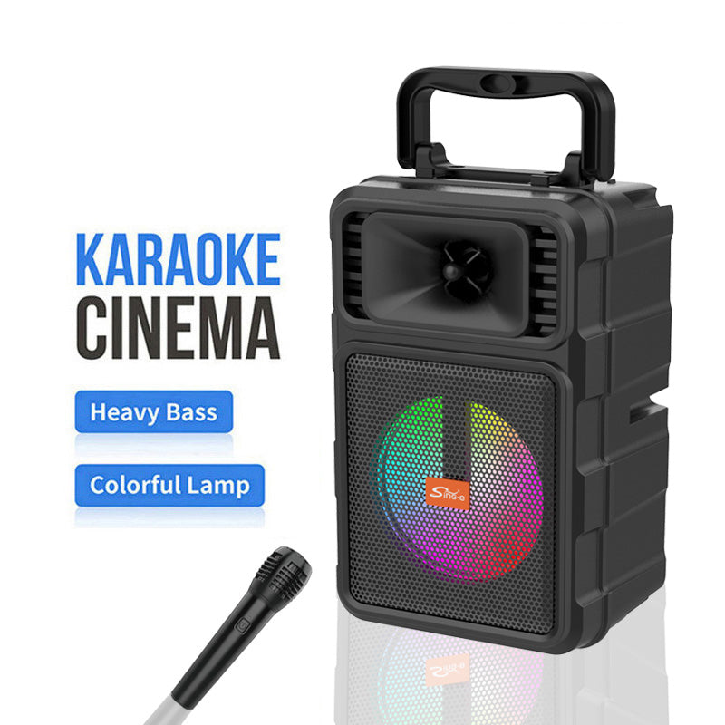 ZQS 14107 mini altoparlant Bluetooth Karaoke me Bluetooth 5.3, mikrofon pa tela, woofer 4 inç, drita RGB LED, funksion karaoke, mbështetje për kartë memorie MP3 dhe bateri të rikarikueshme 1000–2000mAh. Altoparlant portativ ideal për fëmijë, festa, udhëtime dhe argëtim në shtëpi.