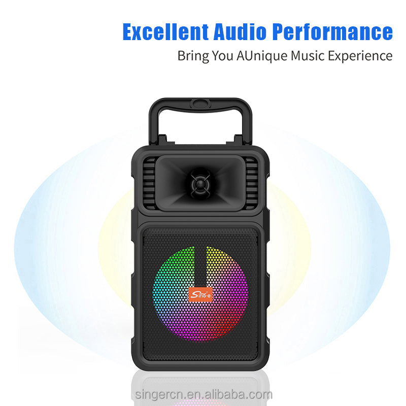 ZQS 14107 mini altoparlant Bluetooth Karaoke me Bluetooth 5.3, mikrofon pa tela, woofer 4 inç, drita RGB LED, funksion karaoke, mbështetje për kartë memorie MP3 dhe bateri të rikarikueshme 1000–2000mAh. Altoparlant portativ ideal për fëmijë, festa, udhëtime dhe argëtim në shtëpi.