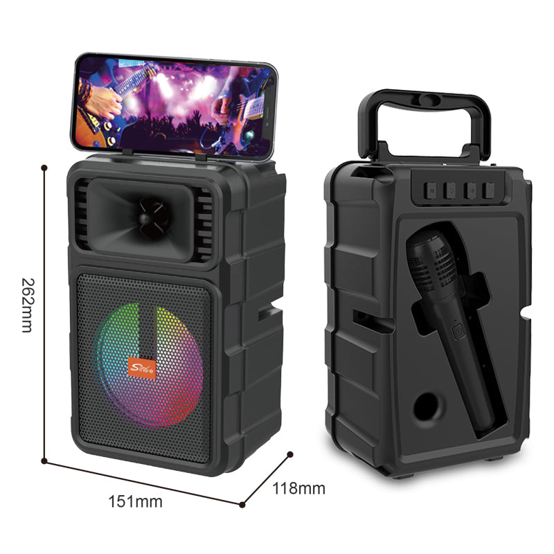 ZQS 14107 mini altoparlant Bluetooth Karaoke me Bluetooth 5.3, mikrofon pa tela, woofer 4 inç, drita RGB LED, funksion karaoke, mbështetje për kartë memorie MP3 dhe bateri të rikarikueshme 1000–2000mAh. Altoparlant portativ ideal për fëmijë, festa, udhëtime dhe argëtim në shtëpi.