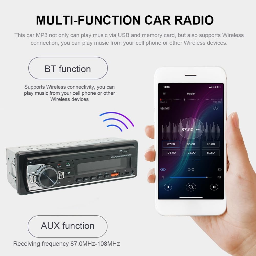 iFutniew autoradio Bluetooth 12V me MP3 Player, Radio FM, funksion Hands-Free, ekran LED, portë USB për karikim dhe muzikë, fuqi 50W dhe sistem stereo me 2 kanale. Autoradio ideale për përmirësimin e sistemit audio të makinës në Shqipëri.